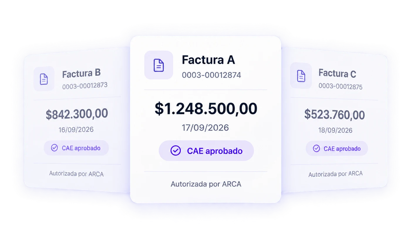 Tres facturas A, B y C emitidas en VeBOX con CAE aprobado y autorizadas por ARCA.