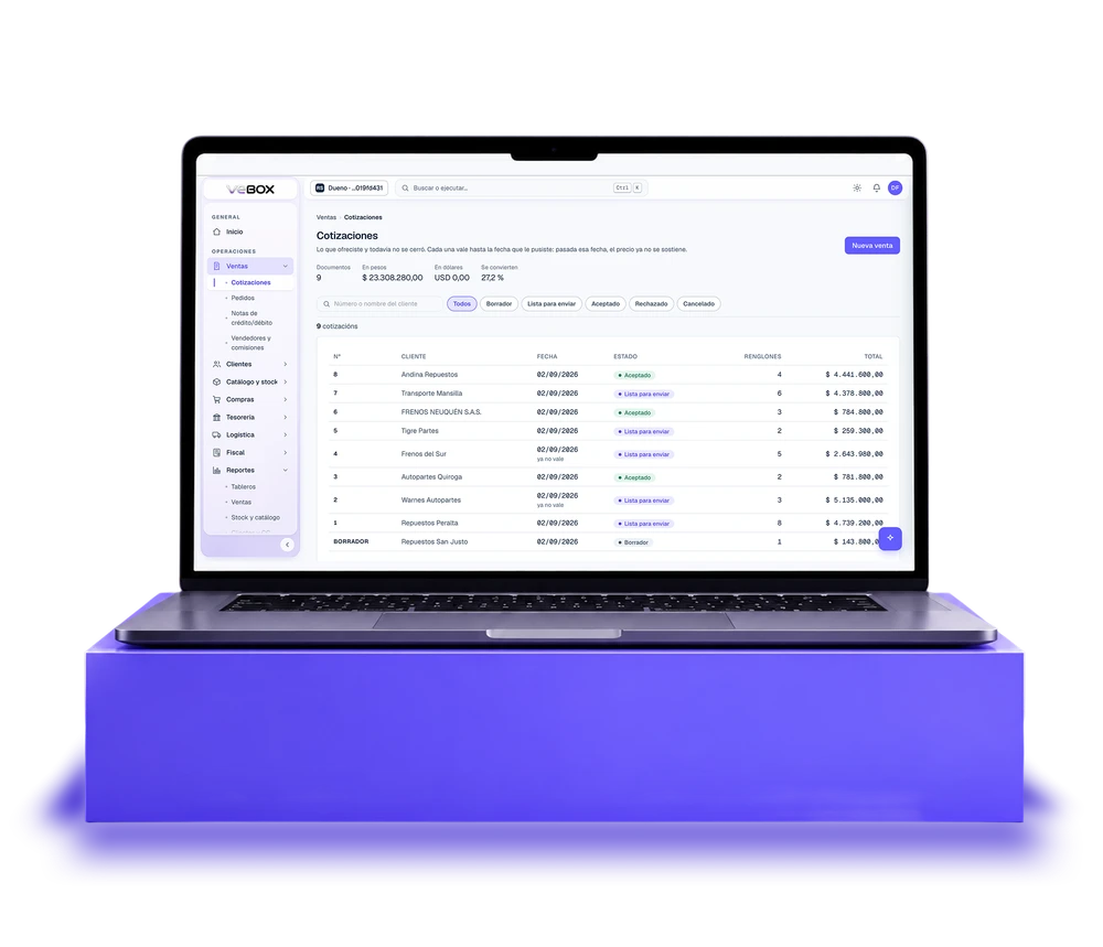 La aplicación de VeBOX abierta en una notebook, mostrando el módulo de Ventas